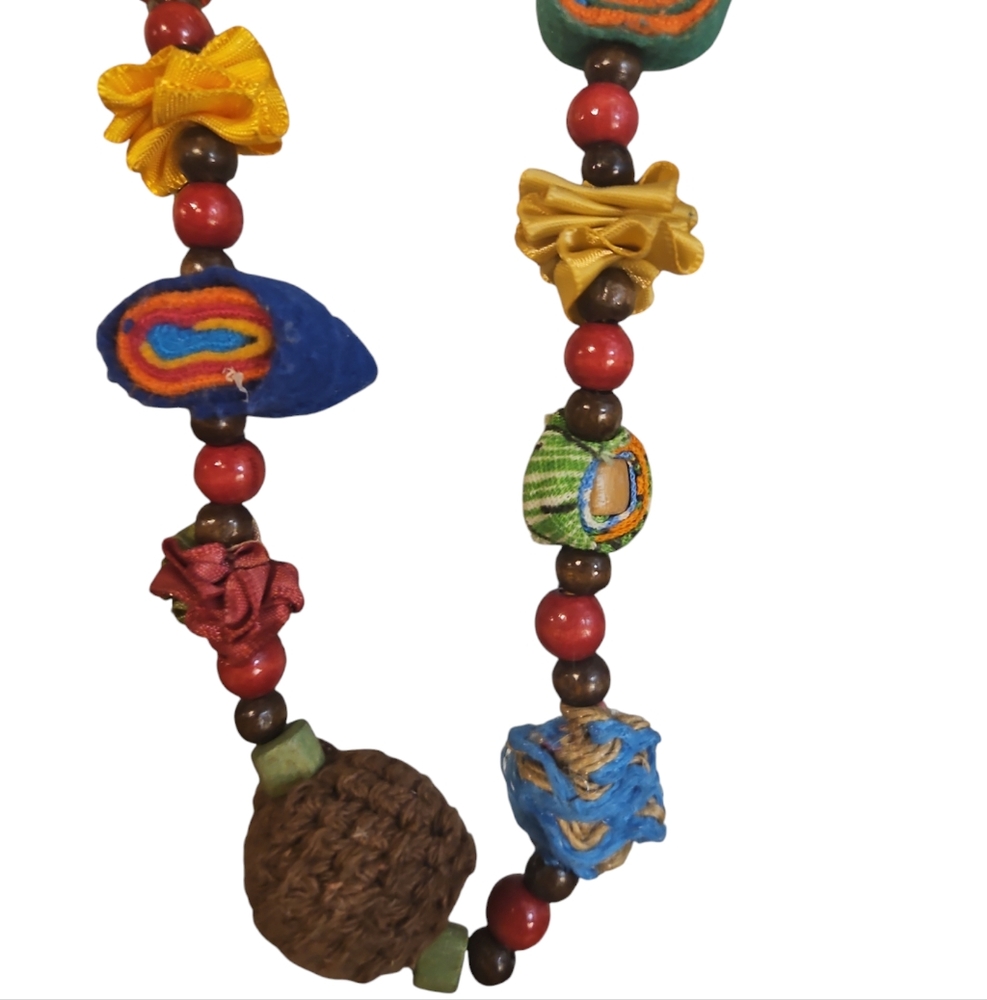 Long Colorful Textile Beads Necklace - Picture 2 of 4